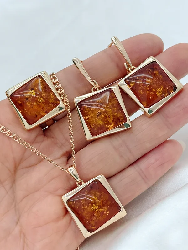 AliExpress - Kinel Hot Square Amber Ring Ohrringe Halskette für Damen, modisch, 585er Roségold, natürlicher Zirkon, tägliches Vintage-Schmuckset