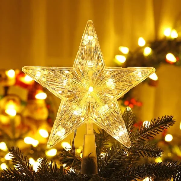Juletretoppstjerne, 11 LED 19,4 cm julestjerne juletre varmhvit batterilampe juledekorasjon pentagramlampe varmhvit