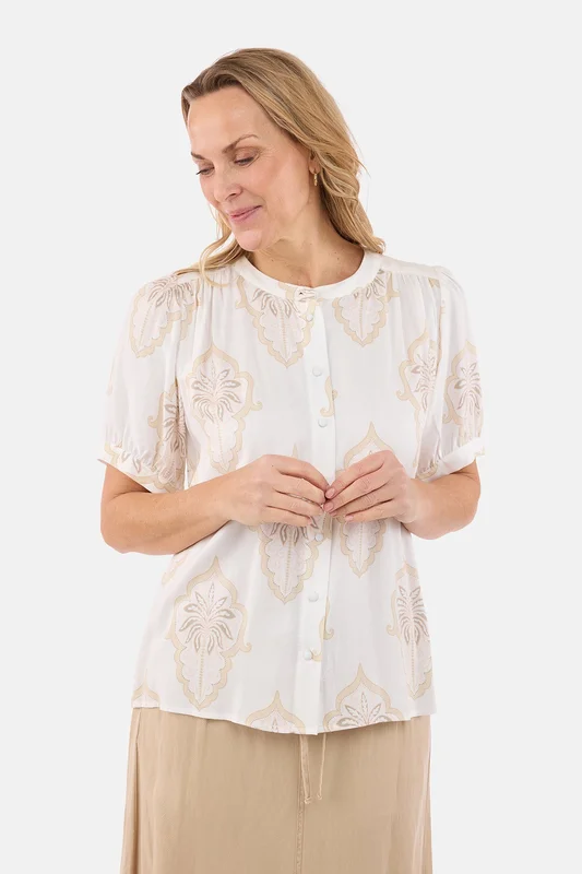 B. COPENHAGEN - Kortærmet Bluse - Offwhite / Beige - Mønstret
