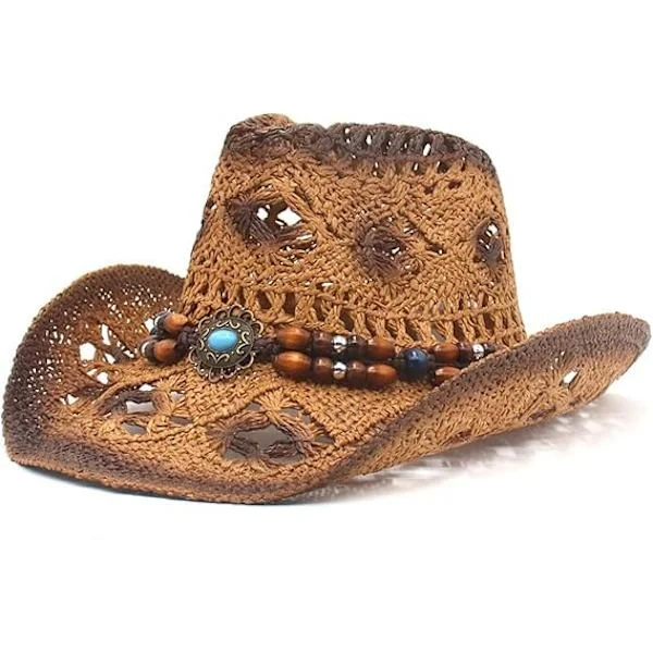 Hul flettet cowboyhat Sommer strand cowboyhat dame vestlig solhat knusbar Boho flettet cowboyhat