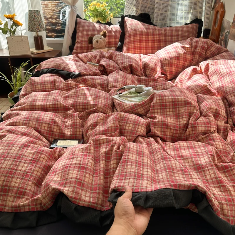 AliExpress - Parure de lit à carreaux Double fil, housse de couette classique Vintage, ensemble de draps plats, 2 taies d'oreiller, simple, Double, 