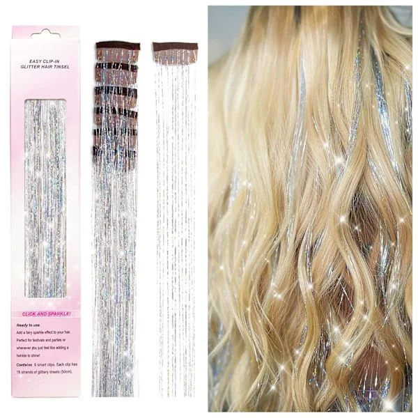 Clip in Hair Tinsel Kit, Pack med 6 st Glitter Fairy Tinsel Hair Extensions 20 tum glänsande Hair Tinsel Värmebeständig (Silver)