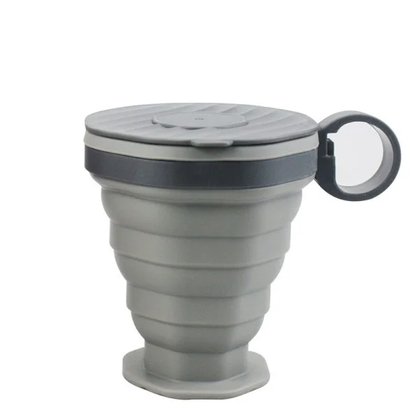 Foldable Silicone Coffee Cup - Collapsible Travel Mug with Lid and Strap - Reusable Portable Water Bottle for Camping Gery