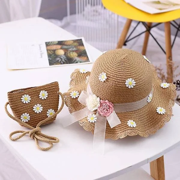 2-8 år herr solhatt herr sommar halm väska keps set herr resor solskydd strand hatt sol fiskare hatt för barn(Khaki)