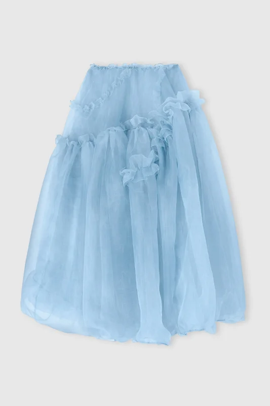 Ermanno Scervino Gonna a palloncino asimmetrica in organza tecnica azzurro denim con rouches