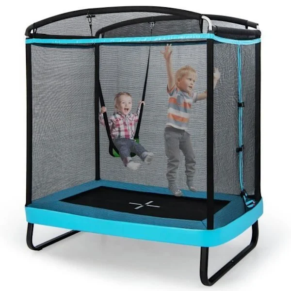COSTWAY studsmatta för barn rektangulär 190x122cm 3 i 1 med gunga, horisontell stång-40 galvaniserade fjädrar 100 kg-blå