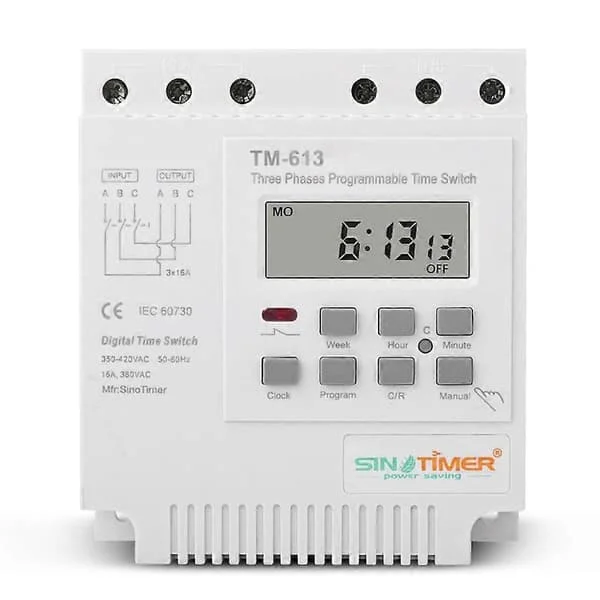 TM-613 Programmerbart Tidsrelæ 380V/50-60Hz 16A Ugentligt Relæ Strømtimer Kontakt Tre-faset Timer Kontakt Smart Digitalt Ur