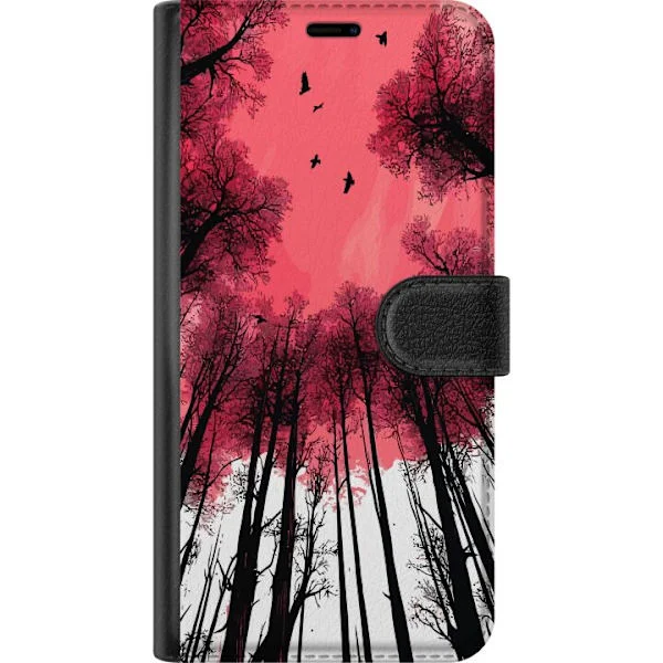 Kompatibelt Lommeboketui til Xiaomi Redmi Note 13 Pro Minimalistisk skogsmotiv med svarte trær og rosa himmel med flygende fugler