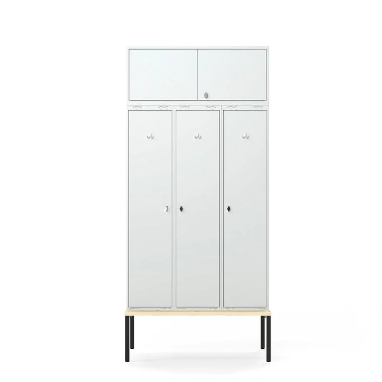 Clothes locker FORCE, 3 modules, upper cupboard, bench seat, 2620x1200x550 mm, grey