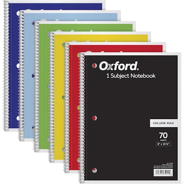 Oxford Spiral Notesbog 6-pak 1 fag, kollegie-linjeret papir 8 x 10 1/2 tommer, farvesortiment, design kan variere