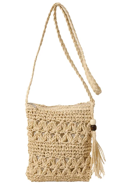 Woven Pattern Straw Bag Handmade Square Tassel Beach Date Woven Bag Off-White Off White