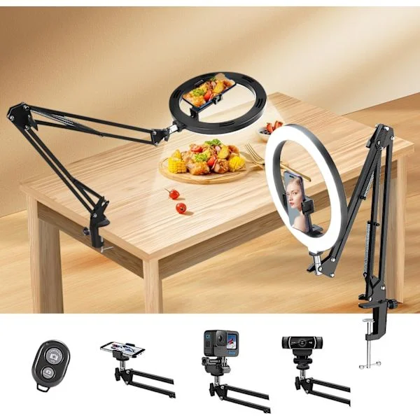 10" Ring Light med stativ til skrivebord, Ring Light telefon LED med stativ og telefonholder, til videokonference/TikTok