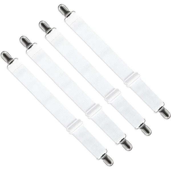 Justerbare lakenstrammere (65 cm til 200 cm), justerbar festestropp for laken, sofa, strykebretttrekk (hvit, 4-pakning)