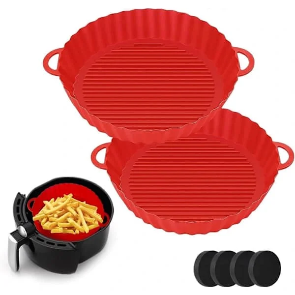 Air Fryer Liners Silikone, 2 stk Genanvendelige Air Fryer Runde Silikonegryder, Varmebestandige & Nemme at Rengøre, Fødevaresikker Non-Stick Air Fry..