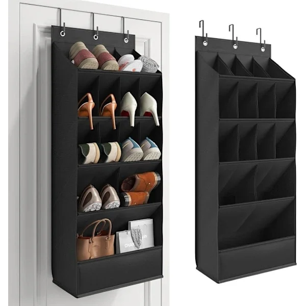 Over-the-Door Shoe Organizer - 15 Pockets for Wardrobe & Wall with 3 Hooks black