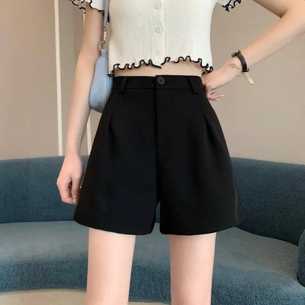 Dam Hög Midja Sommar Oversized Smala Vida Ben Byxor Svarta Casual Hot Pants Svarta
