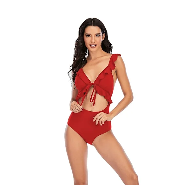 Solid Color Cutout Lace Up Sexy Bikini Push Up Kvinde Badetøj