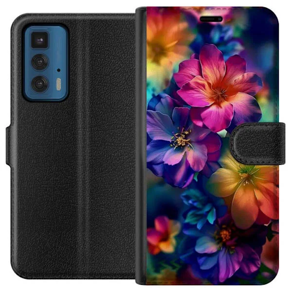 Kompatibelt lommebokdeksel til Motorola Edge 20 Pro. Lysende blomster i sterke neonfarger med myke overganger, levende og drømmeaktig blomsterdesign.