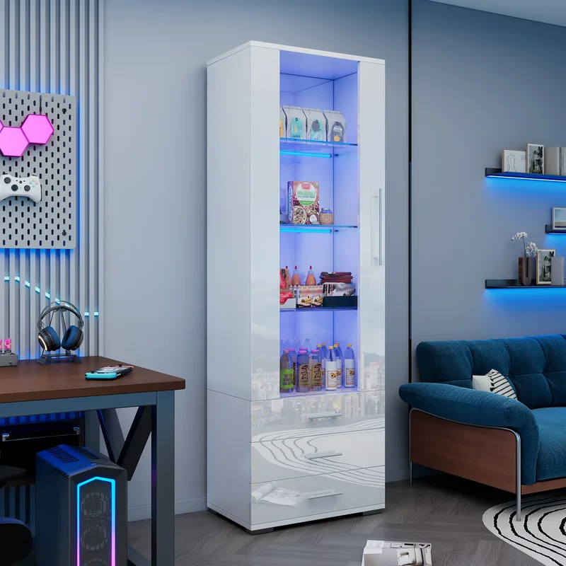 AliExpress - Vitrine blanche haute brillance, vitrine en verre, vitrine sur pied avec éclairage LED, vitrine verticale à 3 tiroirs, 60*35*180cm