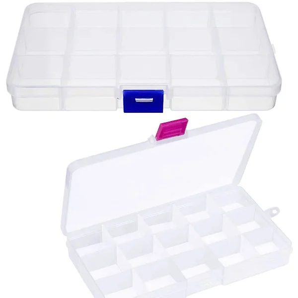 2-pack sorteringslådor i plast, små sorteringslådor för smådelar, transparent förvaringslåda med lock, 15 fack, justerbar sorteringslåda, liten, tom