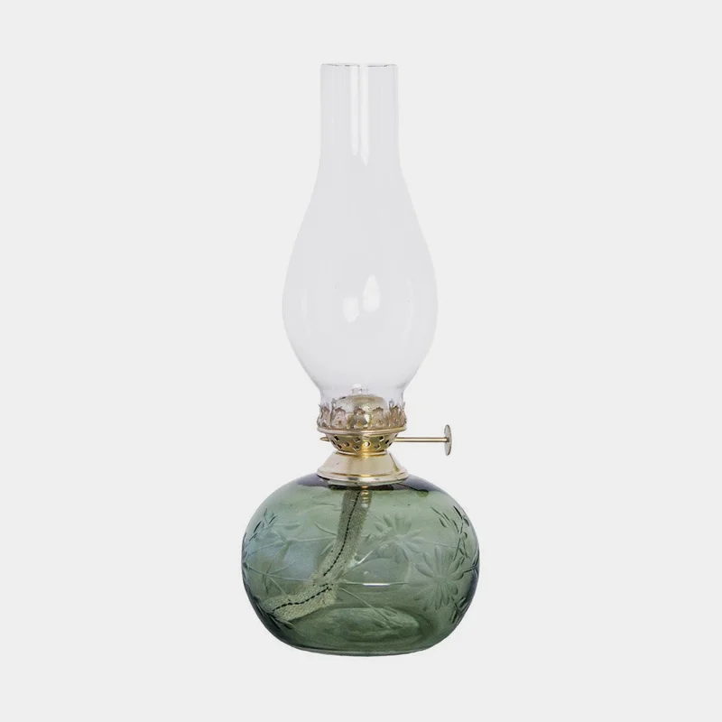 Fotogenlampa / oljelampa Strömshaga Oval Blomma, grönt glas, brännare i mässing, Ø110 mm x 280 mm