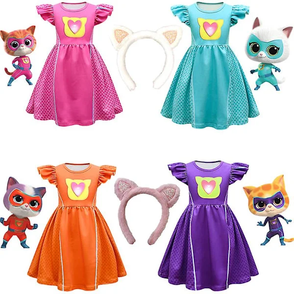 Lasten mekot Cosplay Super Kitties -mekot Superkitties-pukuun Tytöille Lentävät hihat A-linjainen mekko laukulla ja päänauhalla Ruusu