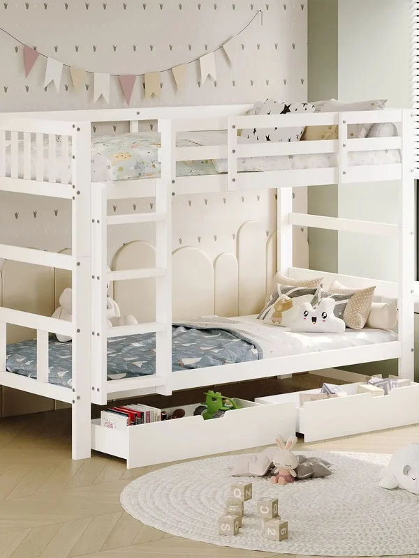 AliExpress - Kinderbett Etagenbett 90×200 cm, Hochbett, Bett für 2 Kinder, Holzbett mit 2 Schubladen, Hausbett mit Rausfallschutz und Lattenrost, 