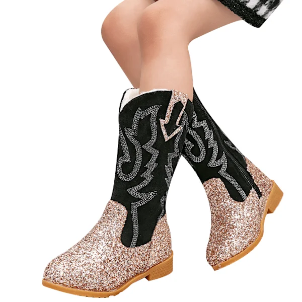 Flickiga Cowgirl-stövlar för flickor Unisex-barn Mid Calf Glitter Toddler Cowboy Boot