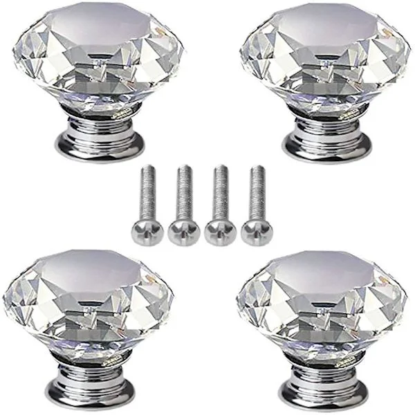 4 stk. Krystallknotter, 40 mm Diamant Skuff Skap Dørhåndtak Krystall Dørhåndtak med Skruer for Hjem Kjøkken Kontor Kommode Søppelkasse
