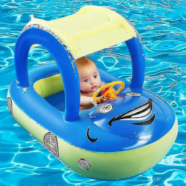 Barnpool Baby Pool Flyt med UPF 50+ Tak, Bilformad Uppblåsbar Badflotte med Solskyddssäkerhetssäte, Baby Badflotte för Småbarn 6-36 Månader