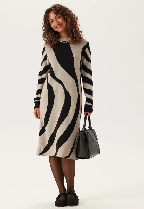 VILA-Vitif Crewneck Knit Midi Dress-Natural Melange Detail:BLACK/A