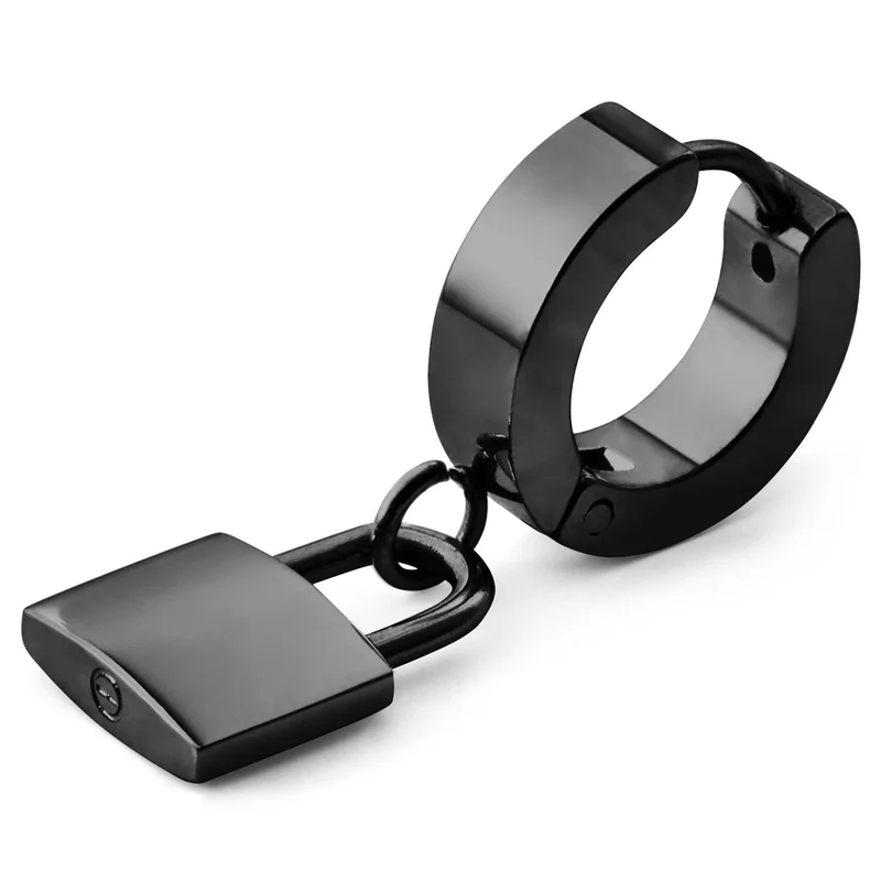 Floyd Black Padlock Pendant Hoop Earring for Men - Charm Hoop Earrings