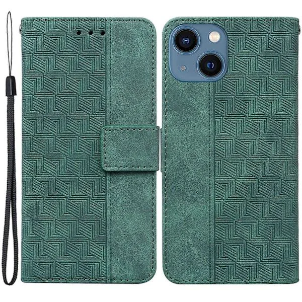 Til iPhone 15 Plus Geometri Præget PU Læder Wallet Stand Telefon Shell Mobil Case