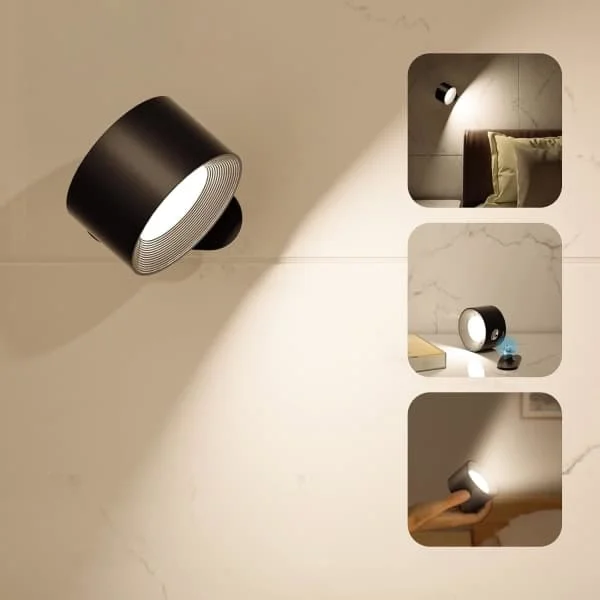 Led-væglampe uden ledning, vægmonteret LED-lampe med genopladeligt batteri, berøringsstyring, 3 farvetemperaturer og 3 lysstyrkeniveauer, 360° 