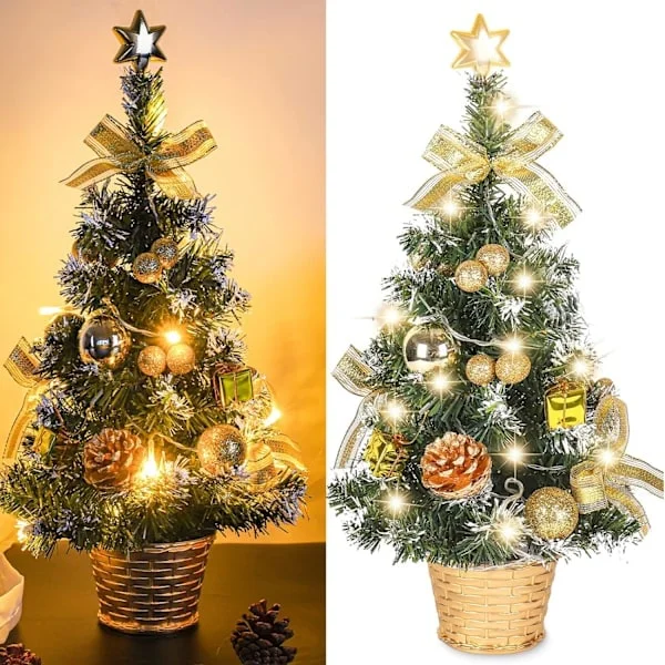 Mini keinotekoinen joulukuusi, pieni joulukuusi LED-valoilla, mini pöytäkuusen koriste toimistoon, baariin, 40cm (kulta)