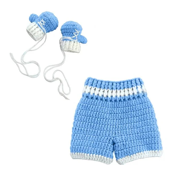 Nyfødt Fotografi Rekvisit Baby Hæklet Strikket Boksehandske Bukser Sæt til Baby Piger og Drenge (himmelblå)