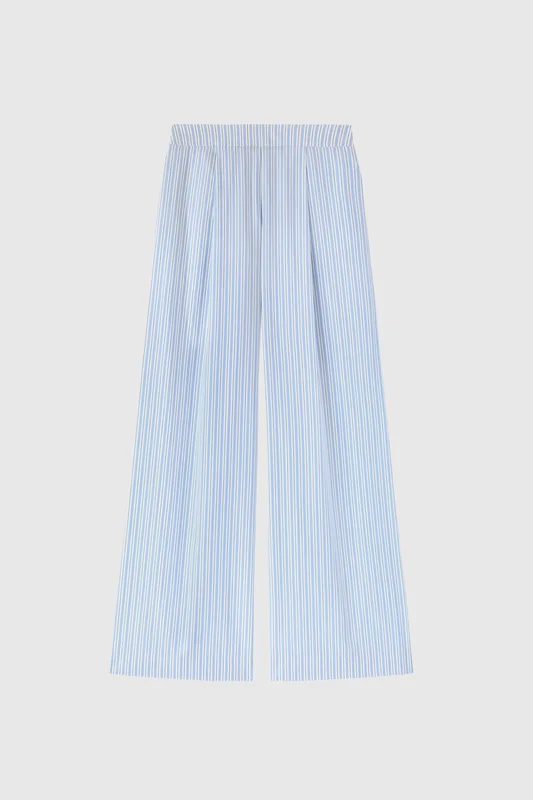 Ermanno Scervino Striped pure cotton poplin palazzo trousers with drawstring waist, Light Blue