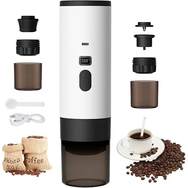 3-i-1 Bærbar Kaffemaskin med USB – Kapsel & Espresso, For Kontor, Camping, Bil & Reiser Hvit