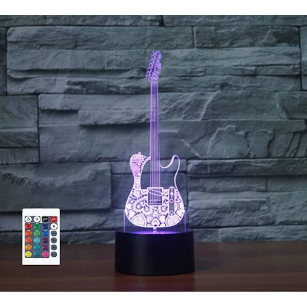 3D Gitar Fjernkontroll 16 Farger Nattelysbilder Illusions Akryl LED Bord Nattbord Lampe Barn Soverom Skrivebord Dekor Bursdagsgaver Leke for Barn