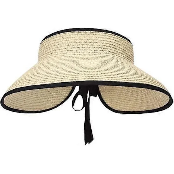 Store Strand Solhatte i Halm til Kvinder, Sammenfoldelig Hat med Bred Skygge til Damer, Visir Kasket Spandhat med Rosette Beige[co]