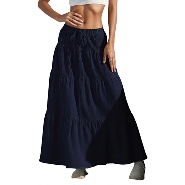 Naisten Boho Flowy Maxi-hame, levenevä röyhelö, joustava vyötärö, kesäinen A-linjainen pitkä hame, laivastonsininen L