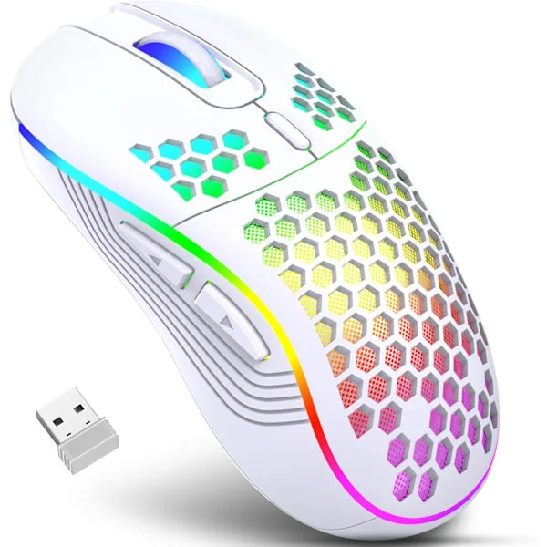 2025 Senaste Modell Trådlös Gamingmus, Uppladdningsbar Datormus Ergonomisk Design Honungskaka med RGB-Bakgrundsbelysning, USB-Mottagare, 7 Knappar