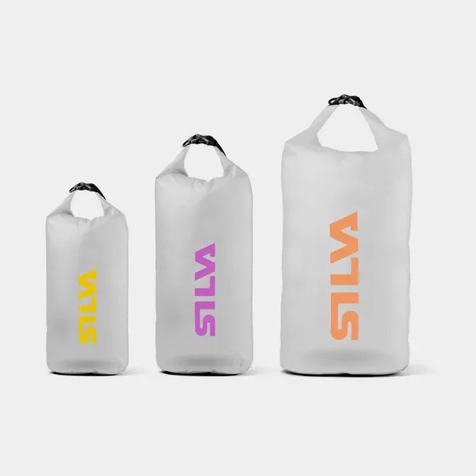 Conjunto de drybags / bolsas estanques Silva TPU, 70D, 3/6/12 litros, com suporte para lanterna de cabeça, transparente/amarelo/roxo/laranja, 3-pack