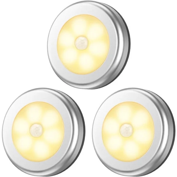 Uppgraderad rörelsesensorlampa, sladdlös batteridriven LED-nattlampa, garderobsbelysning trappbelysning, pucklampor, säkerhetslampor (varmvit - 3-pack