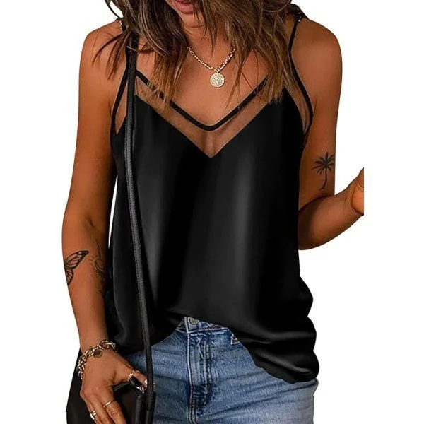 Satin Mesh V-neck Tank Top til kvinder Cami Top Silke Camisole Casual Bluse (stor)