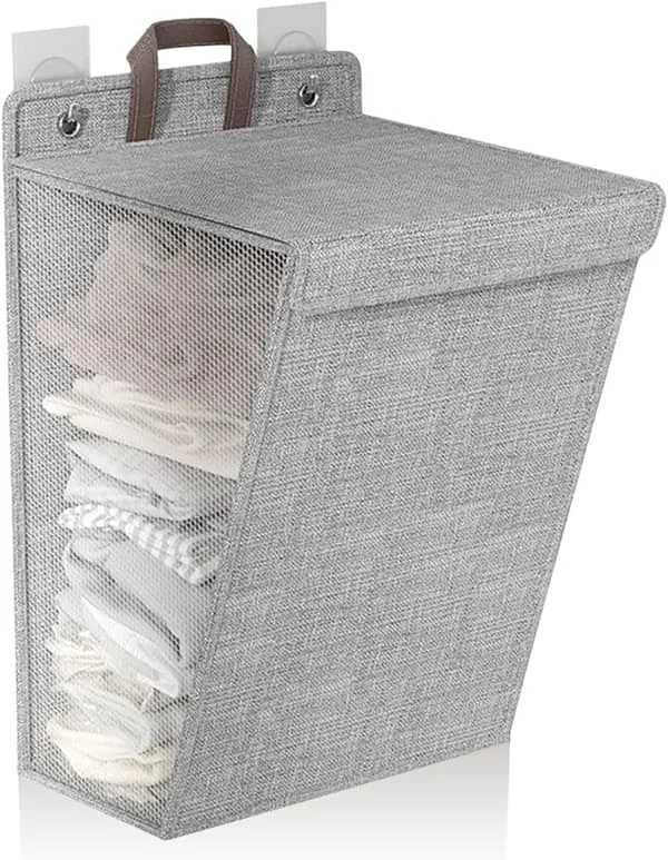 Veggmontert skittentøyskurv, sammenleggbar veggmontert skittentøyskurv, hengende skittentøyskurv, bærbar hengende garderobekurv for garderobe (grå)