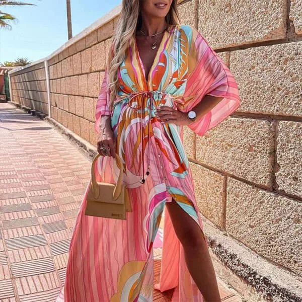 Sommar Maxiklänning för kvinnor Boho-tryck Bikini Cover Up Strandklänning Sexig Blommig Tunika Långklänning Baddräkt Vestido Feminino