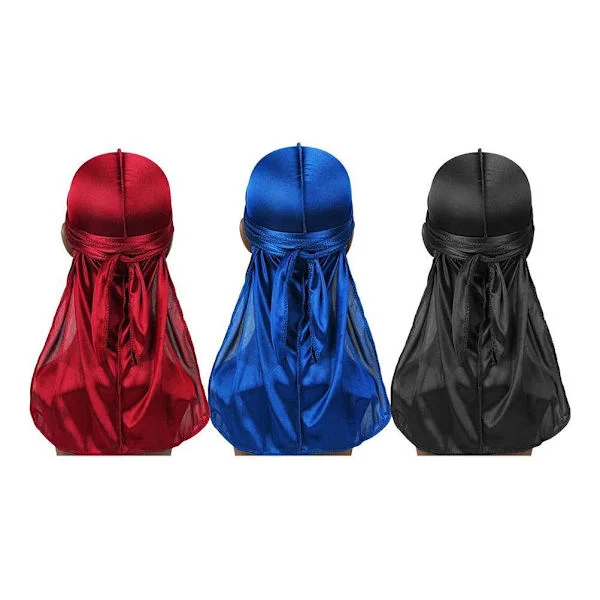 3-pack Silky Smooth Durag Headbands Long Straps for Men Motorcycle Headwear Cap