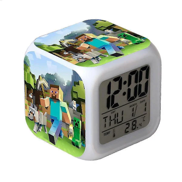 Minecraft Led-herätyskello, väriä vaihtava - 2-söpö monitoiminen digitaalinen herätyskello kirkkailla LED-valoilla ja Minecraft-tarralla, hyvä lahja 