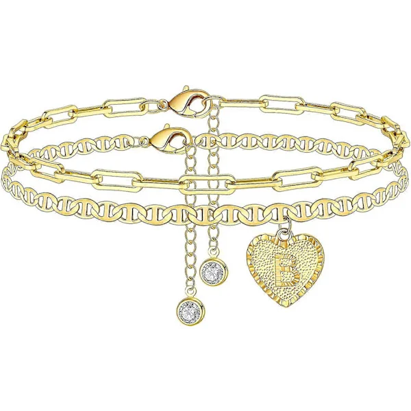 Heytea Initial Anklets for Women, Heart Anklet with Initial Letter Charm Anklets for Women, Cute 14k Gold Plated
